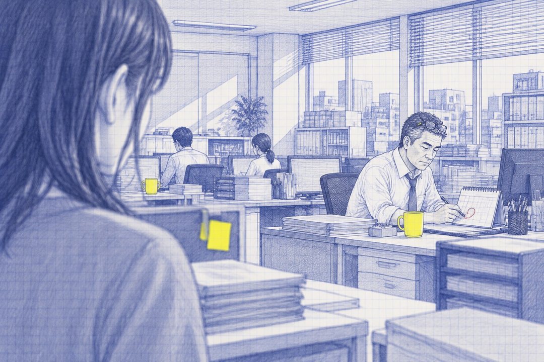七瀬の背中越しに見る、島の奥の課長の席。課長が額に老眼鏡をのせたまま、卓上カレンダーに赤い丸を付けている。