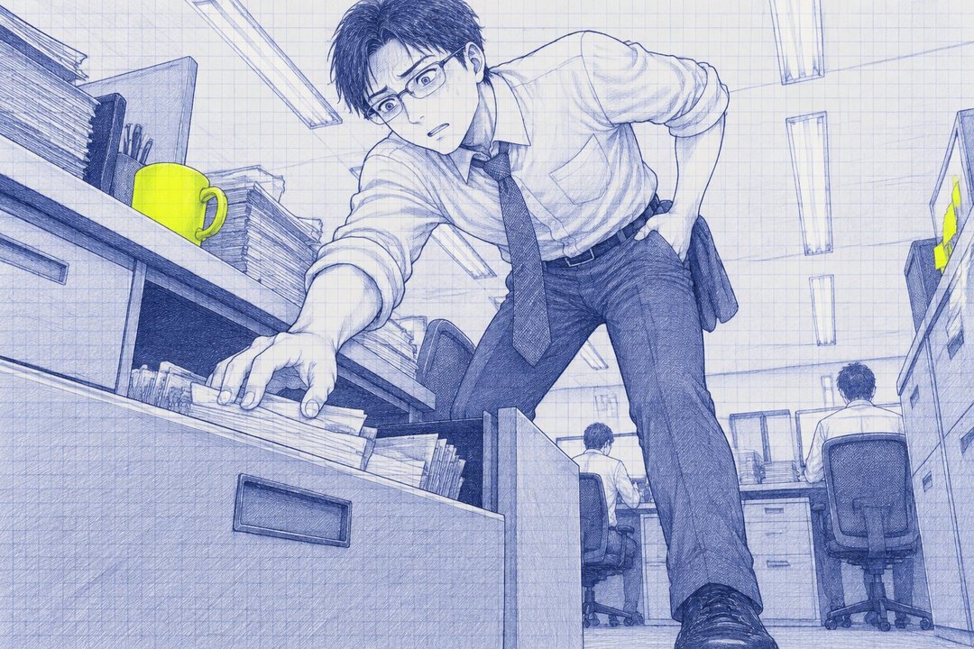 営業部の島を低い所から。沖が引き出しの奥に手を入れて探り、もう片手でズボンのポケットを探る。いつも平らな顔が強ばっている。