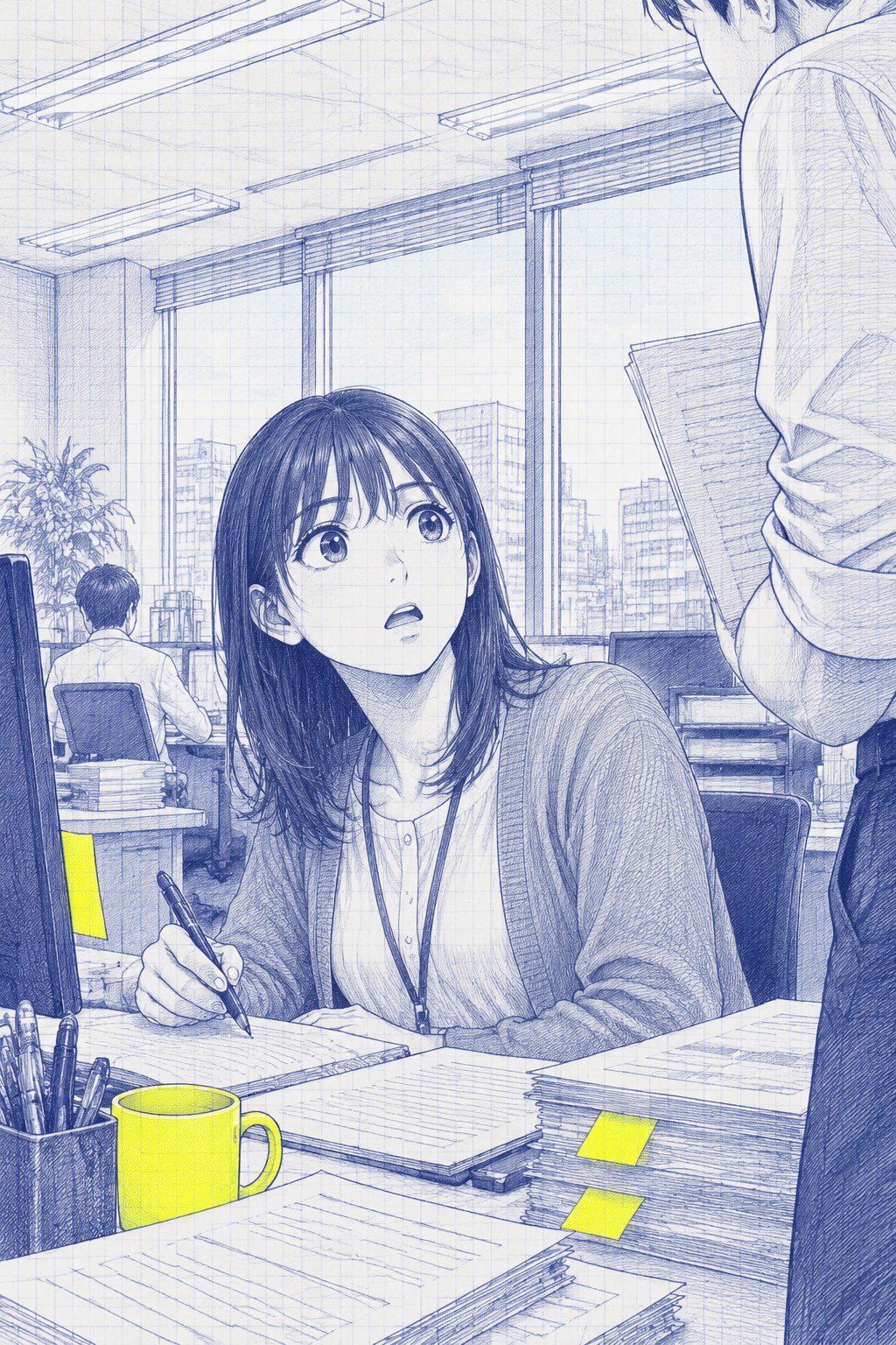 七瀬を少し下から。席から顔を上げ、横に立つ沖を驚いて見上げる。窓の外は昼の空。