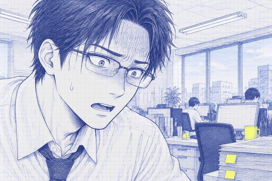 沖の顔の大写し。眼鏡がずれ、額に汗。顔に驚きの縦線。