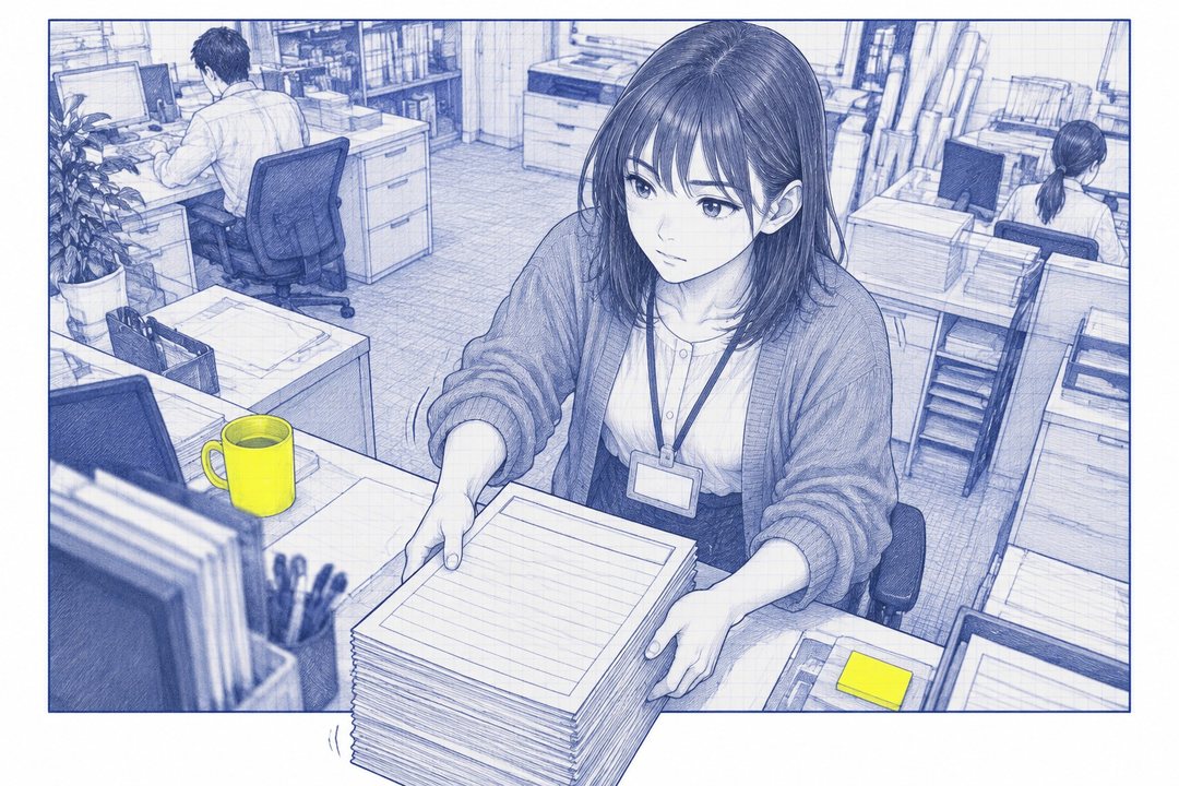 七瀬が席から身を乗り出し、島の真ん中の依頼の紙の束を両手で差し出す。紙の束が絵の枠の下へはみ出す。