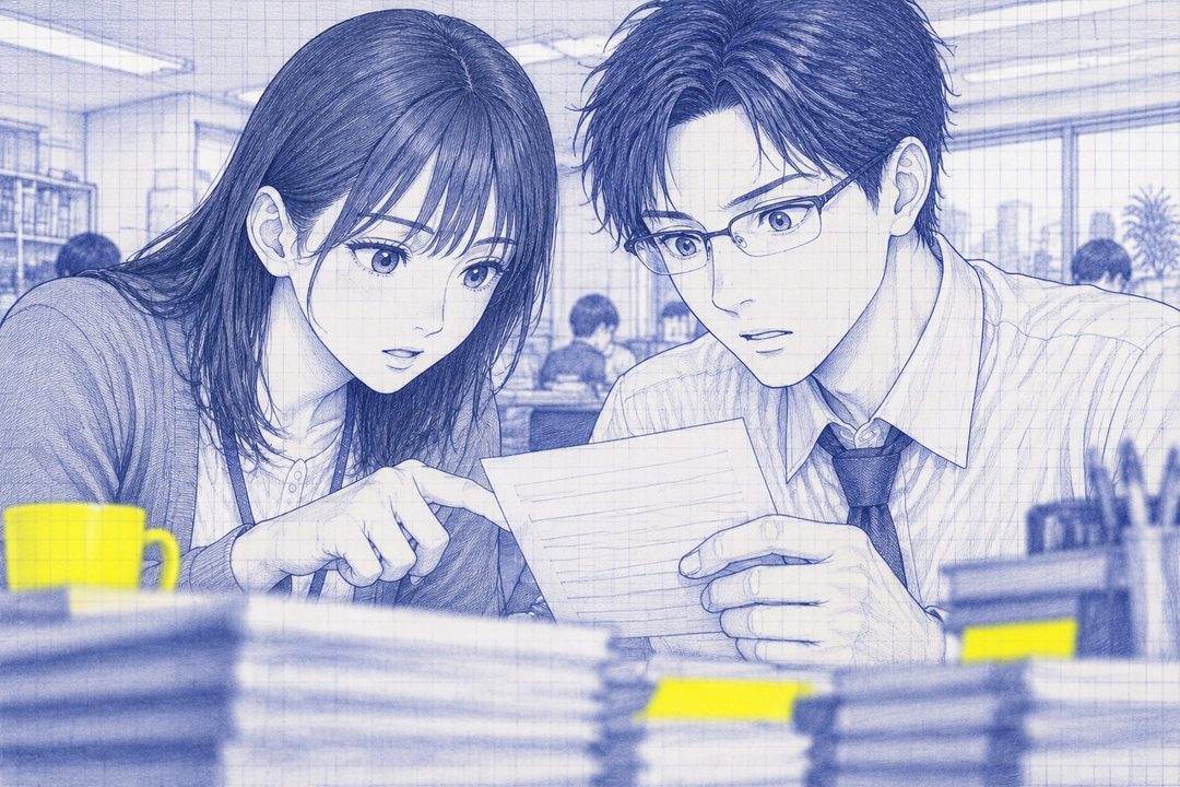 沖が依頼の紙を1枚持ち、七瀬の指が今日の行を指す寄り（字は読めない線）。2人とも紙を見つめる。