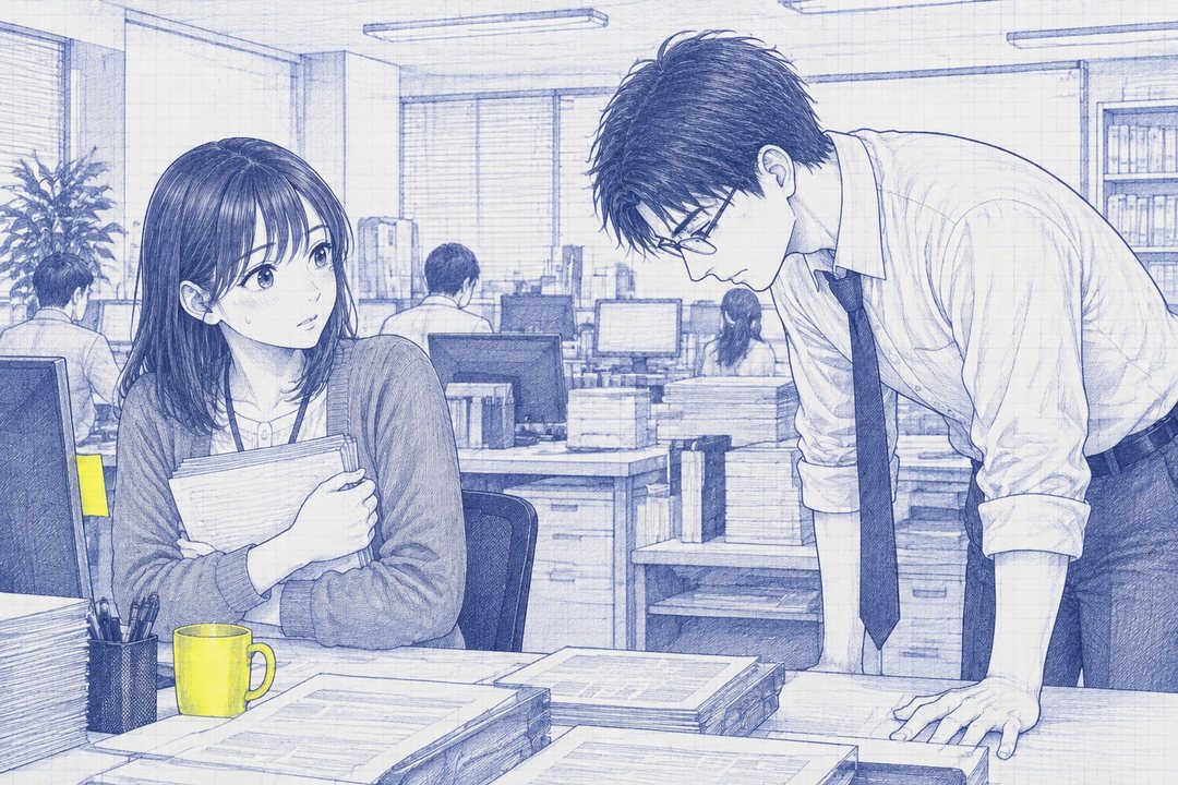 島の席。沖が七瀬の方へ身をかがめて、深く頭を下げる。七瀬は依頼の紙の束を抱えたまま、照れて沖を見る。