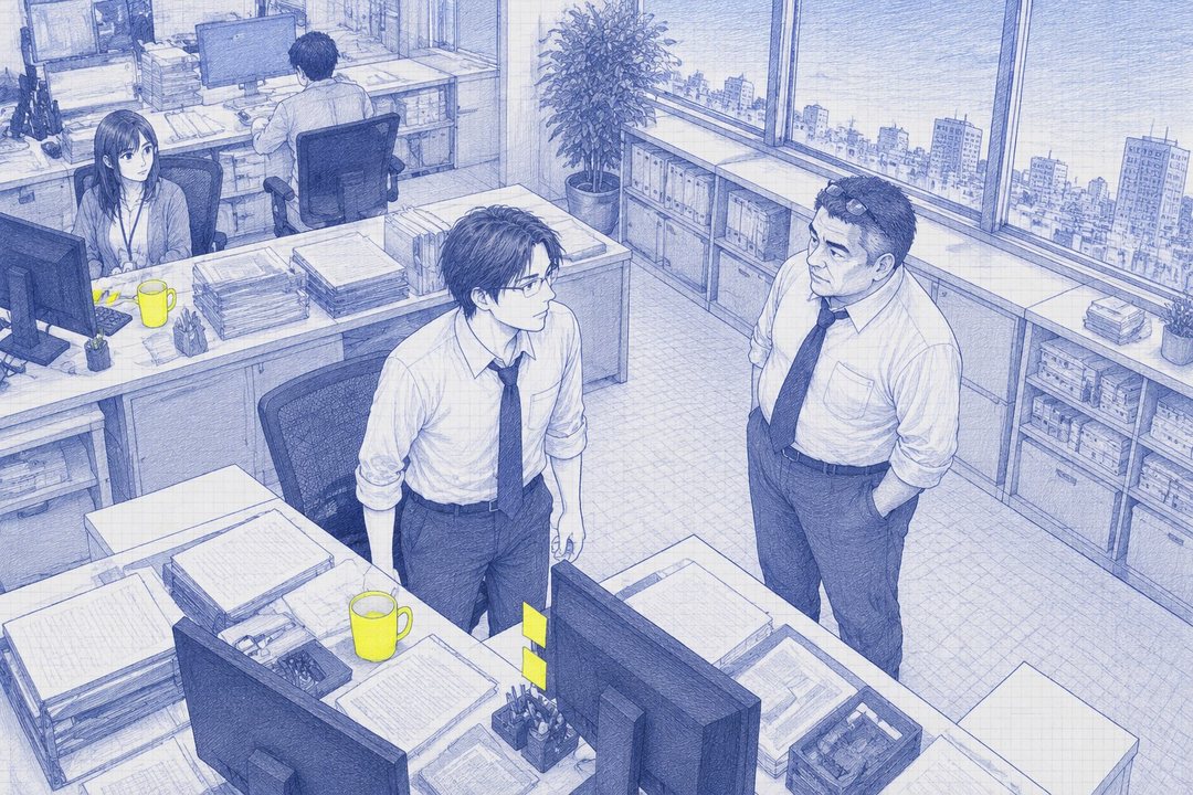 上から見た夕方の島。課長が沖の席の横に立ち、話しかける。沖が椅子から腰を上げる。離れた席から七瀬が見ている。窓の外は夕方の空。