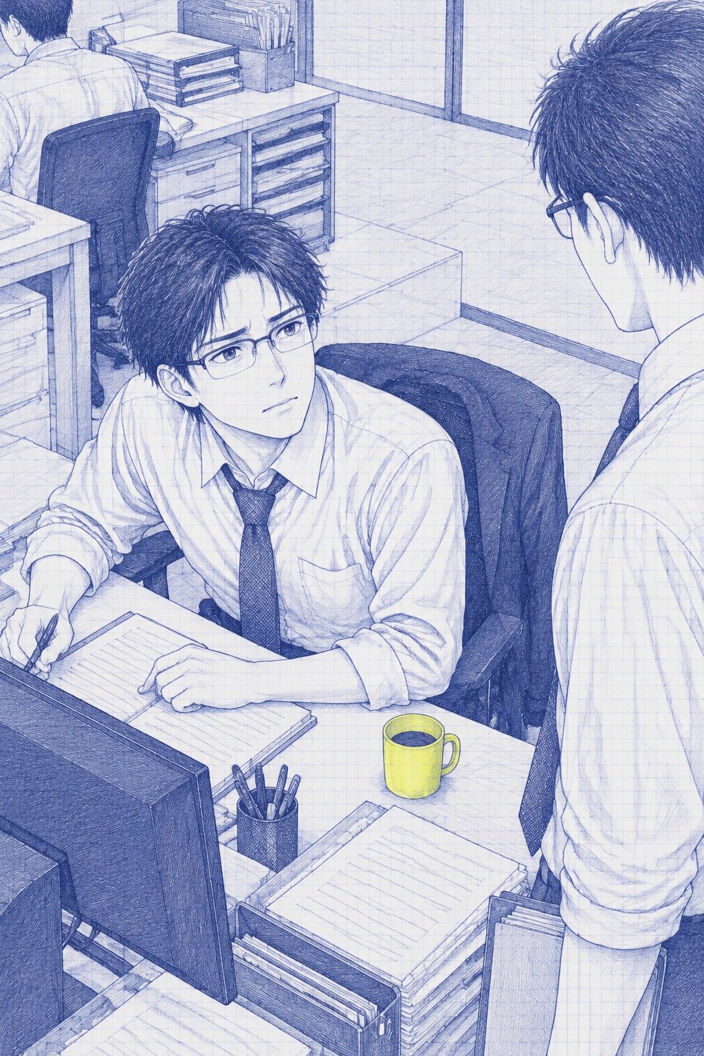 少し上から沖。席で手を止め、横に立つ課長の方を見上げる。