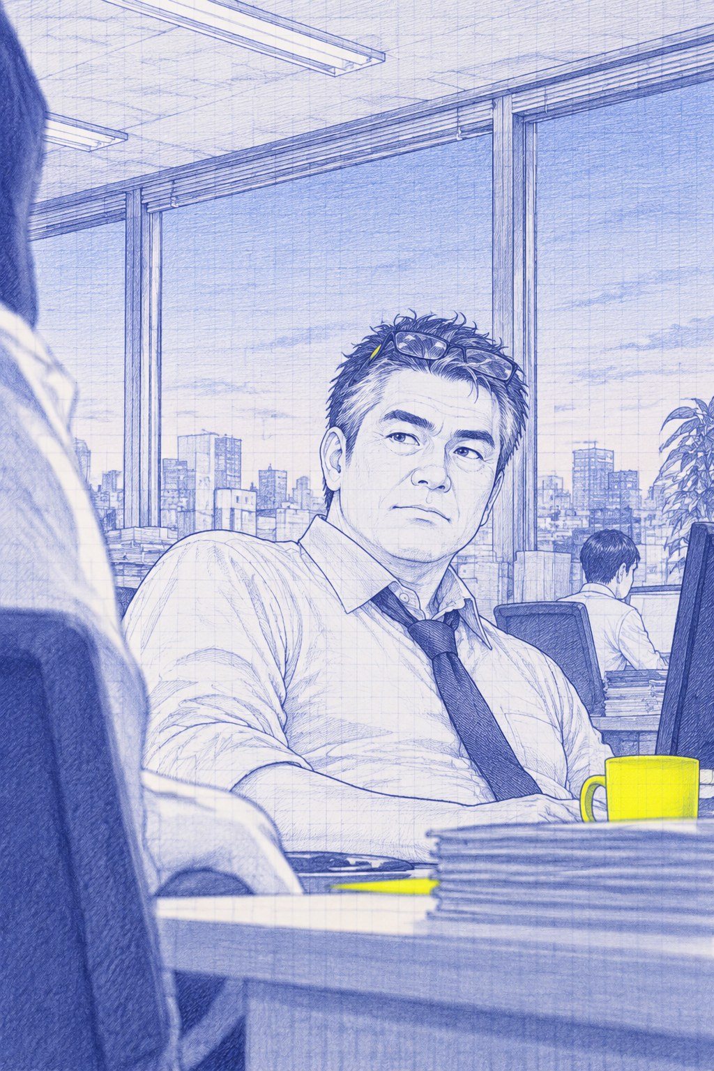 課長を少し下から。依頼の紙を手に、太い眉の下の目は読めない。窓の外は夕方の空。