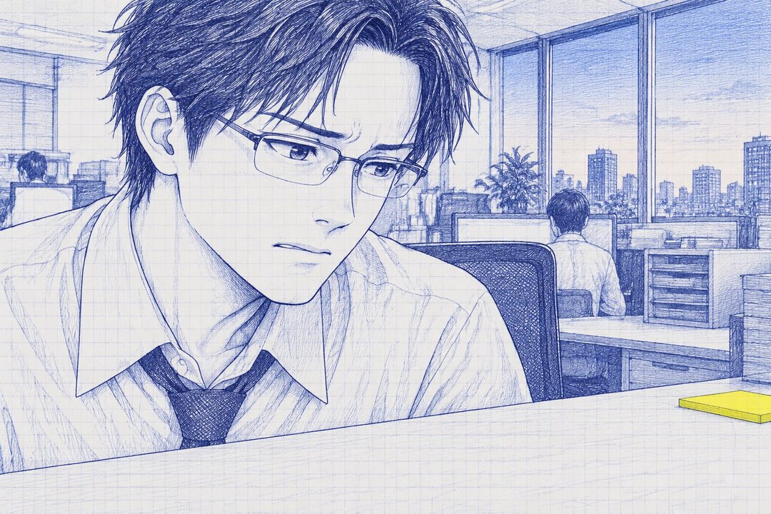 沖の顔の寄り。返事をする前に、一瞬だけ、机の上の空いた場所（いつもメモ帳がある所）を見る。窓の外は夕方の空。