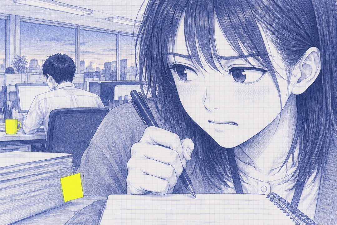七瀬の顔の寄り。メモ帳の新しい行の上でペンが止まり、奥の席の沖の背中を見ている。窓の外は夕方の空。