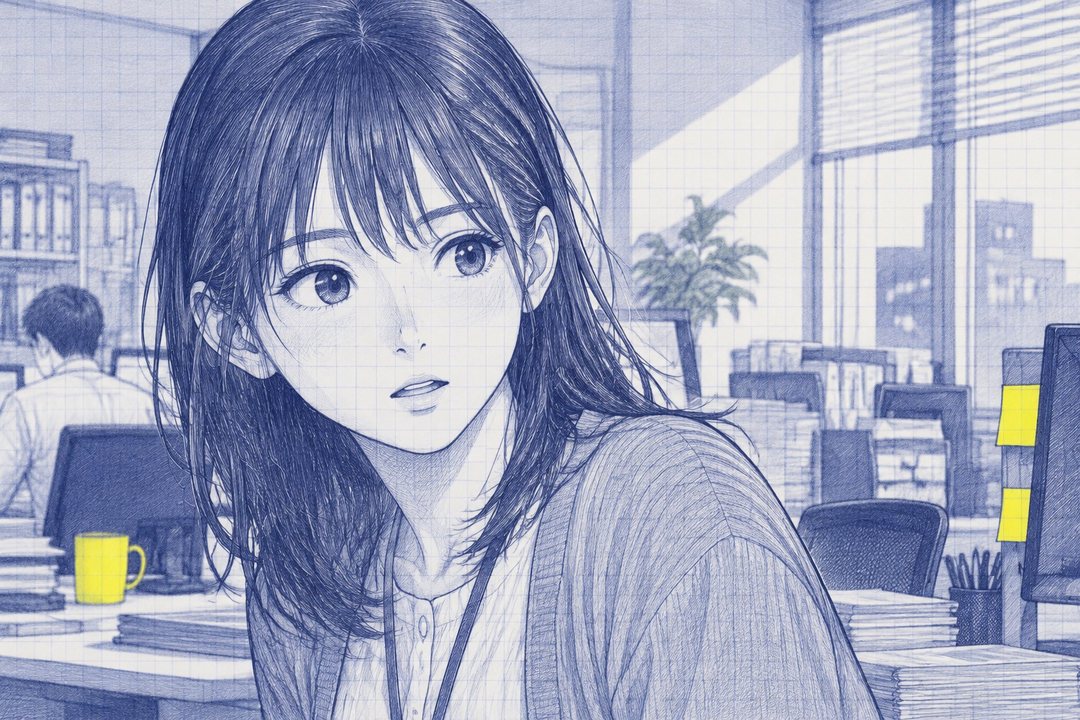 七瀬の顔の寄り。目を丸くして、遠くの課長の席と沖の顔を見比べる。口が少し開く。