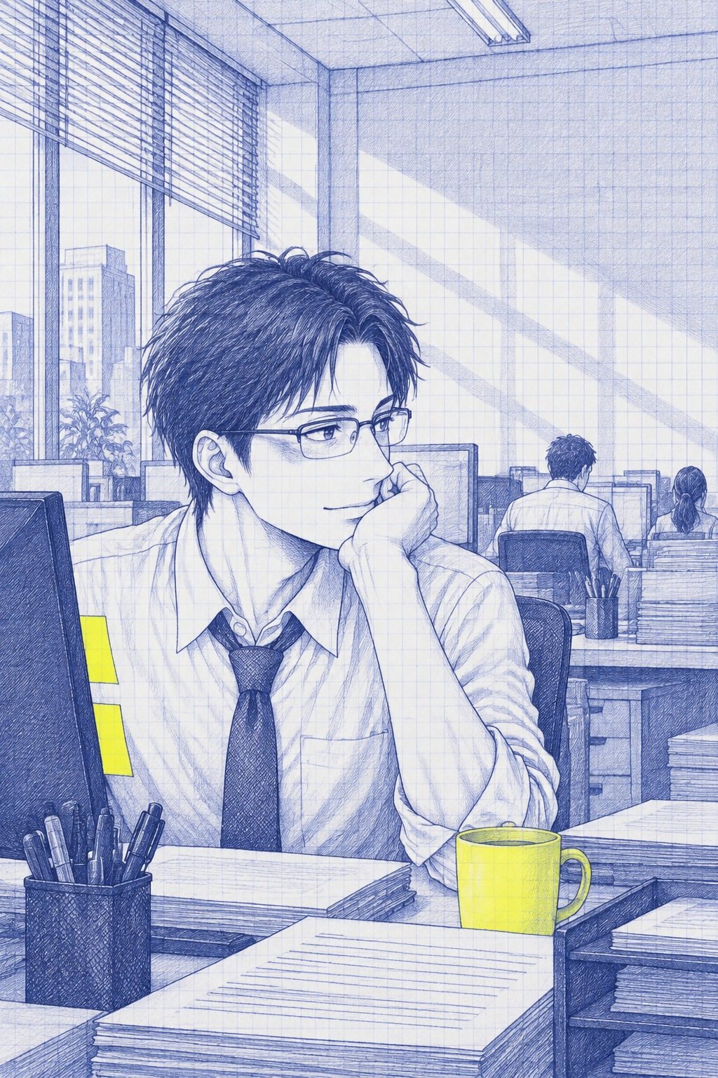 沖の胸から上。自分の席で頬杖をつき、遠くの課長の席の方へ目をやる。