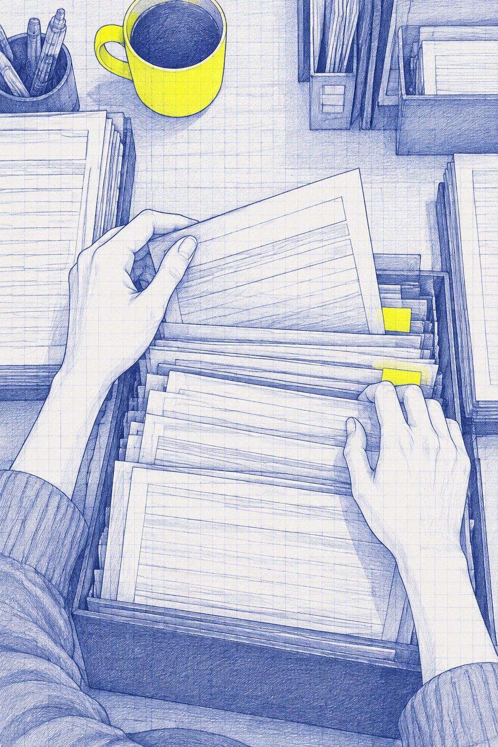 真上から机。七瀬の両手が、箱に立てた依頼の紙（字は読めない）を次々にめくり、1枚を抜く。