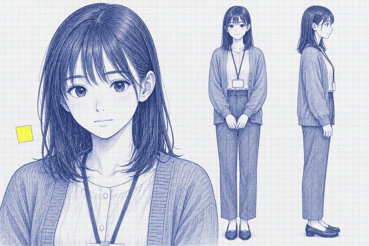 「なぜ、私だけ怒られるの？」の戸田 七瀬の設定画（全身と顔）