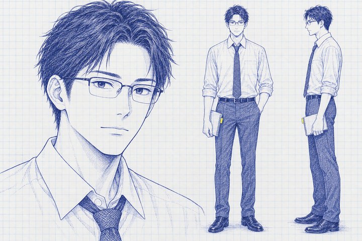 「なぜ、私だけ怒られるの？」の沖 晴彦の設定画（全身と顔）