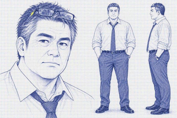 「なぜ、私だけ怒られるの？」の大槻 光男の設定画（全身と顔）