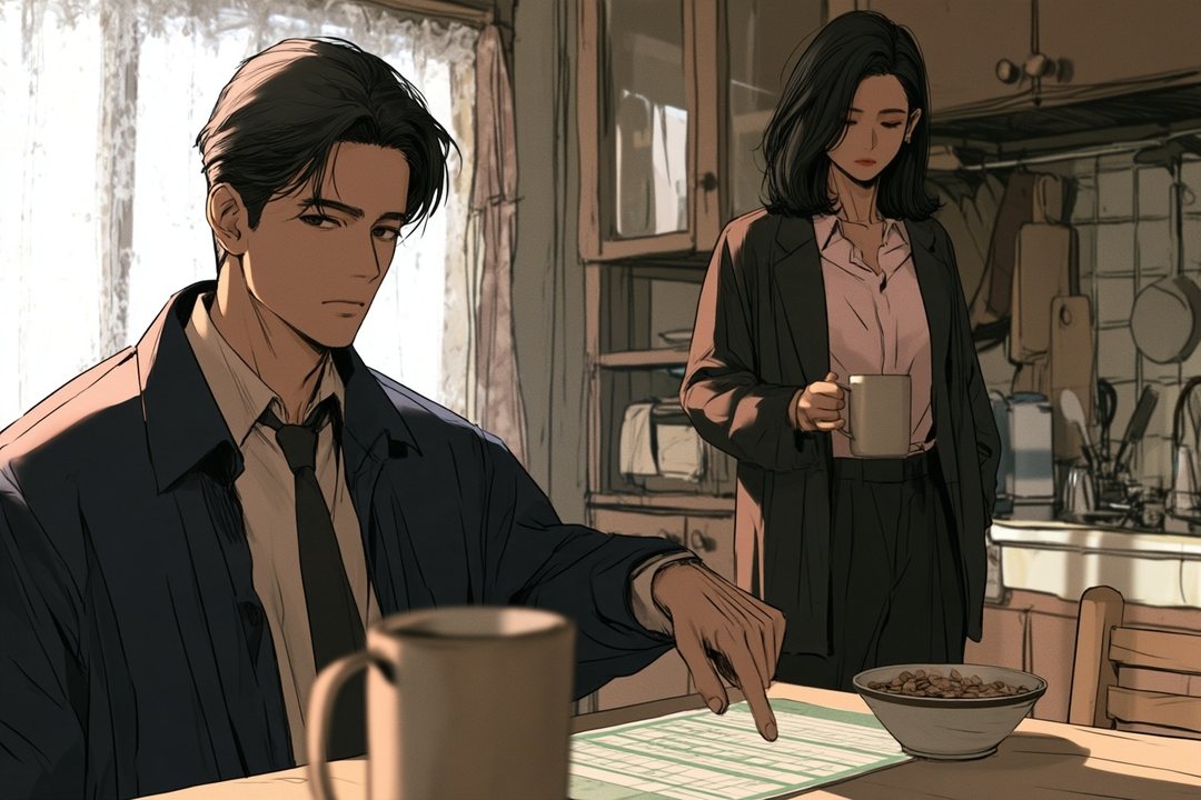 朝の台所。左で、整えた黒っぽい短い髪の30代の男性が、テーブルの上の離婚届（緑の線だけで字は読めない）を指で押し出す。右の奥で、マグカップを持った女性が立ったまま見下ろす。テーブルに子どものシリアルの器。