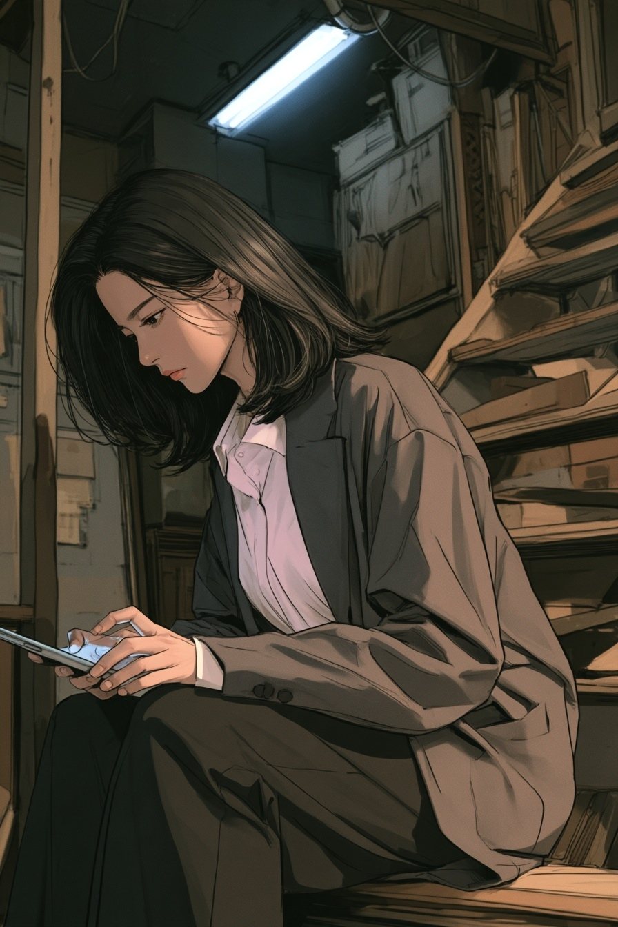 会社の奥の階段に座りこみ、片手に持ったスマホを指で打つ女性。画面は光だけで字は読めない。