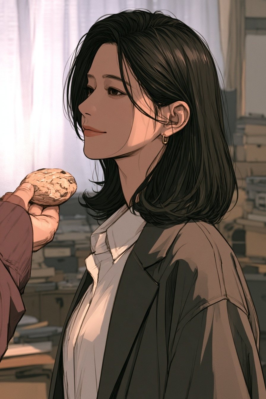 女性の寄り。こわばっていた肩がふっと下がり、少しだけ笑う。横から事務員の手が焼き菓子をもう1つ差し出す。