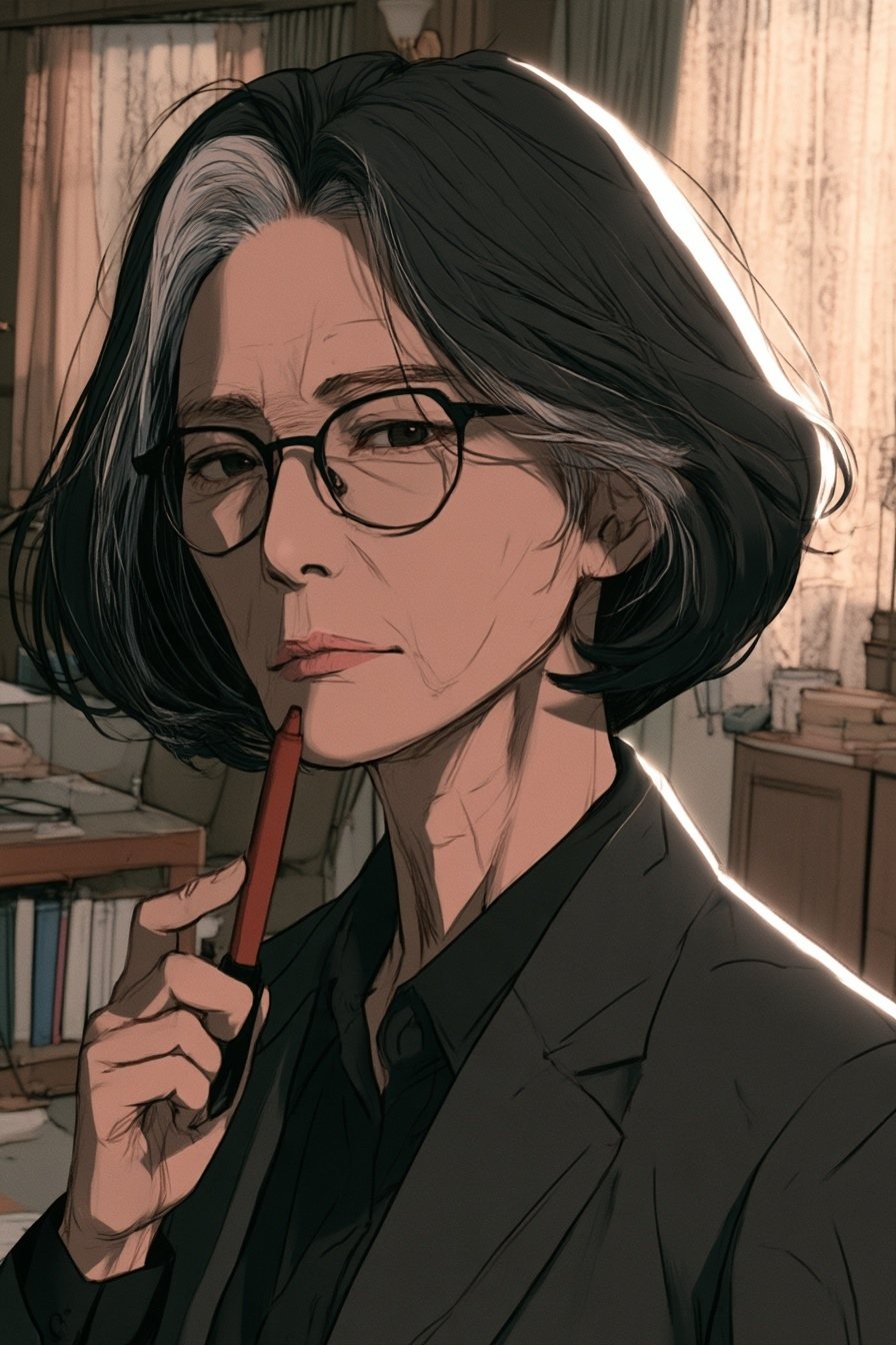 眼鏡の奥のまっすぐな目で、赤いペンをあごに当てたまま女性を見る弁護士の寄り。
