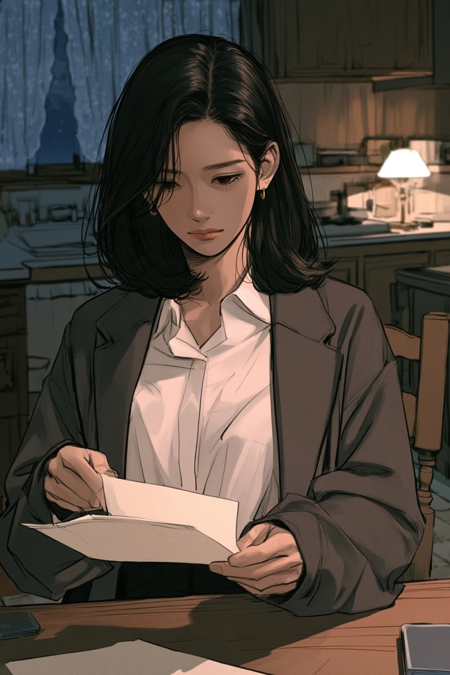 夜の台所のテーブル。女性が封筒から1枚の証明書(字は読めない)を取り出す。冷たい青い夜の光と、テーブルの上の小さな灯り。