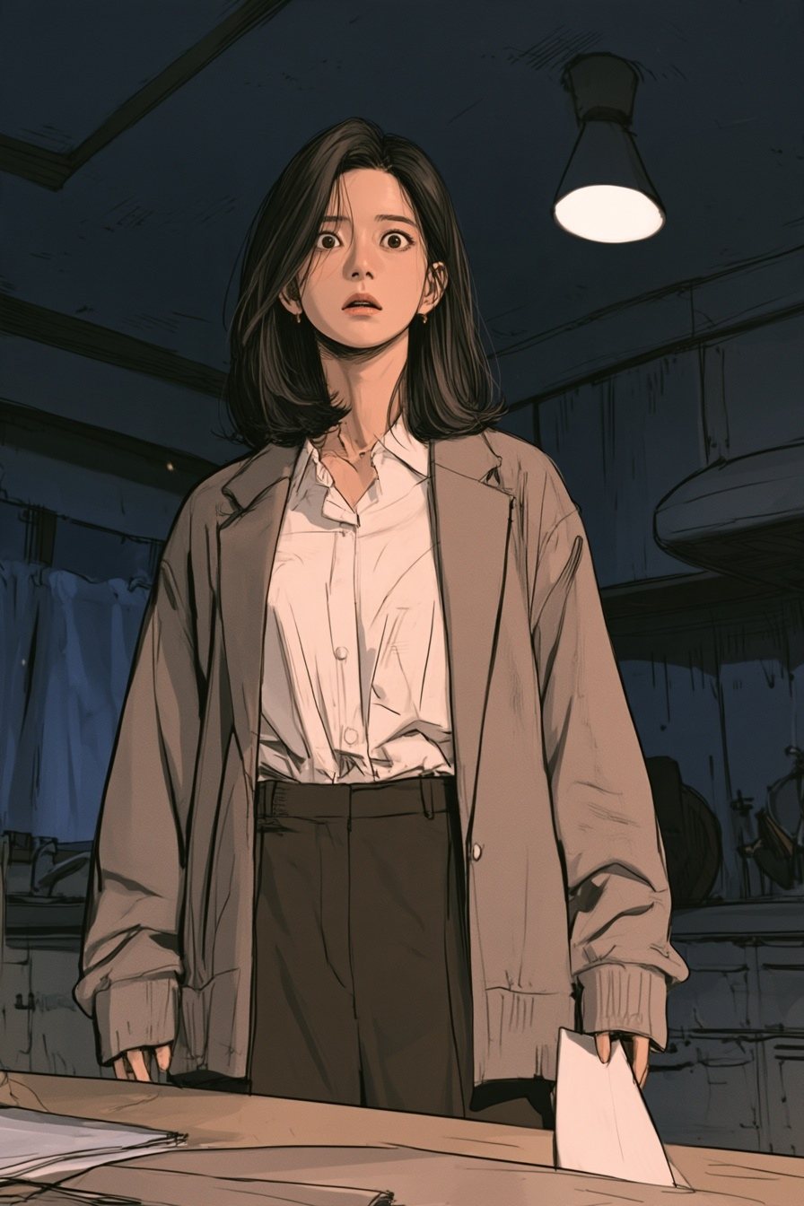 夜の台所。証明書を持った手を下ろし、テーブルの前で動けなくなる女性。冷たい青い光。