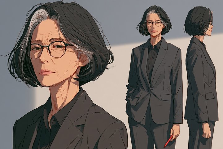 「浮気した夫の財産、全部もらえますか？」の浅倉 冴子の設定画（全身と顔）