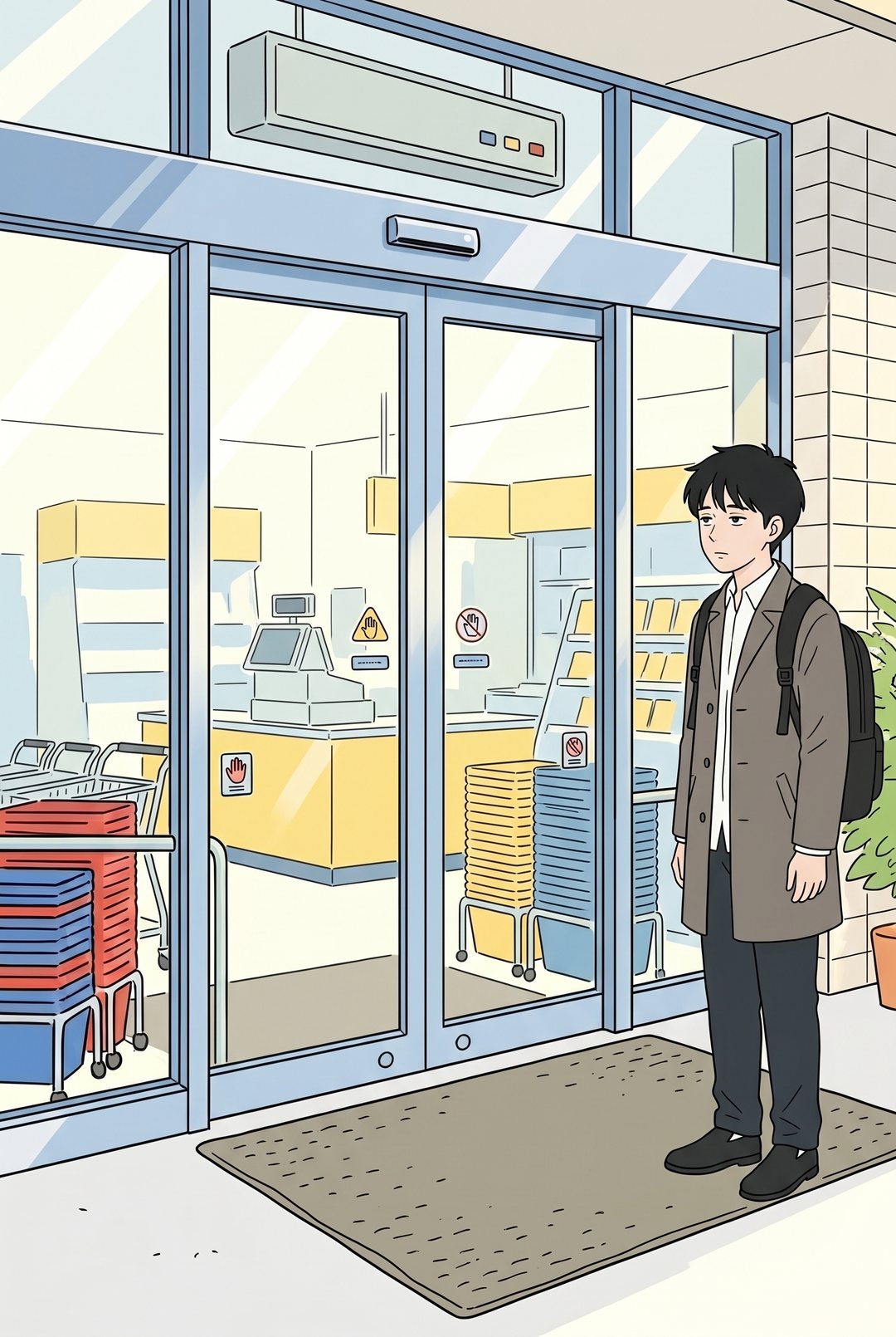 朝の駅前の小さなスーパーの入口。閉じたままのガラスの自動ドアの前に、灰茶色のコートの影山 透が立つ。