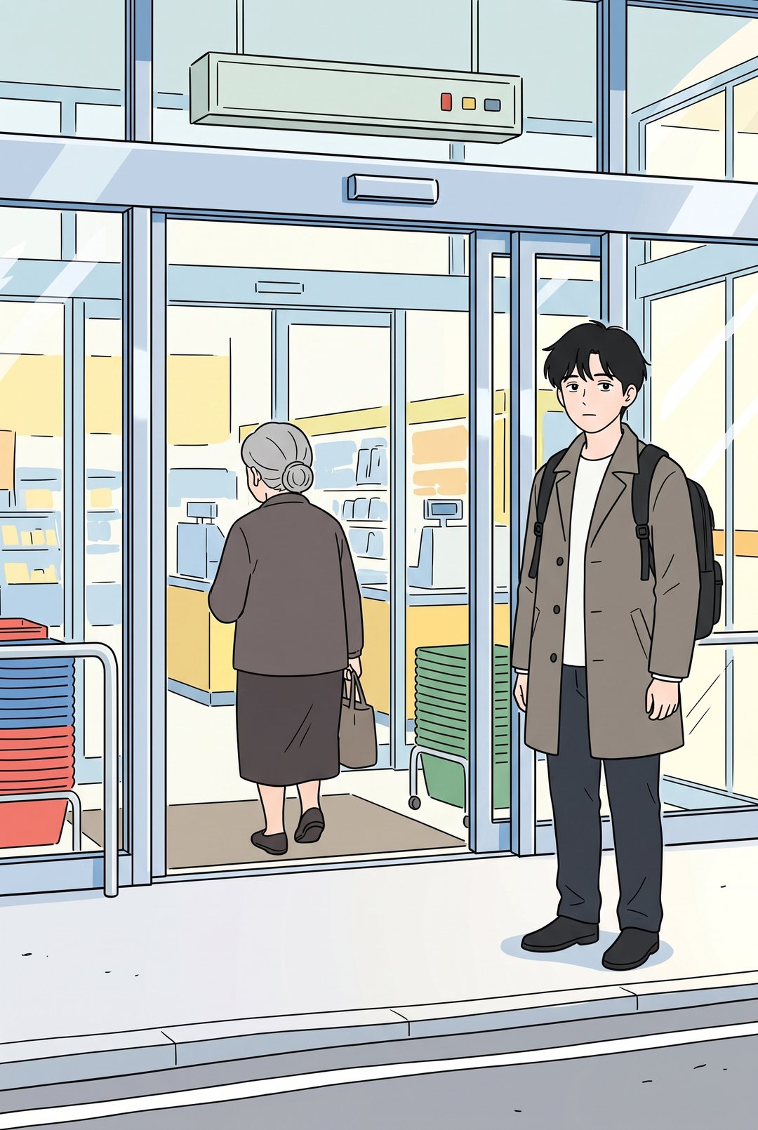 後ろから来たおばあさんが近づくと、ドアがすっと開く。横で無表情の透。