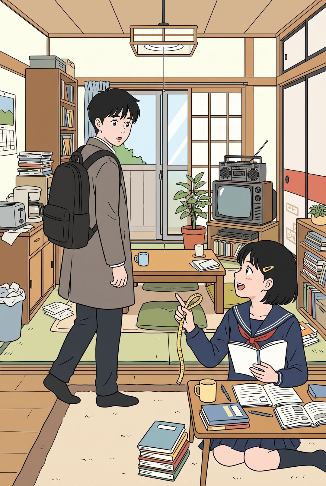 家の居間。ノートと巻き尺を持った妹のひかりが、透を見上げる。