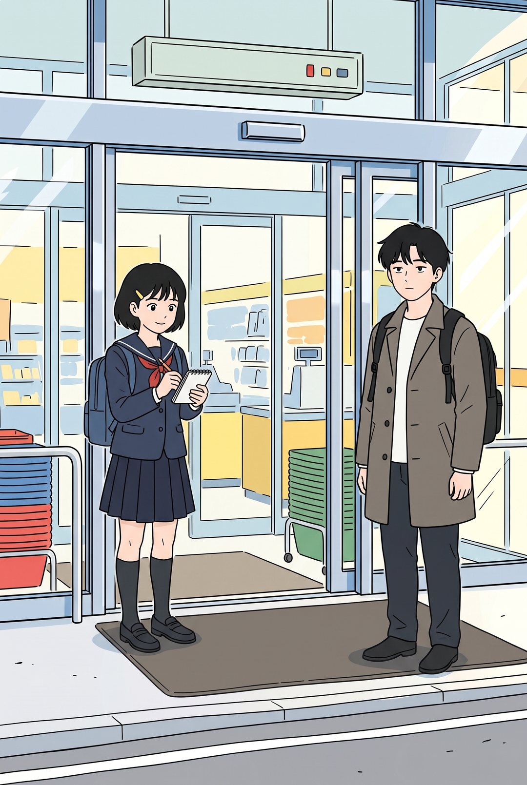 次の朝。入口の横でノートに書くひかり。灰茶色のコートの透と、同じ色の床のマット。