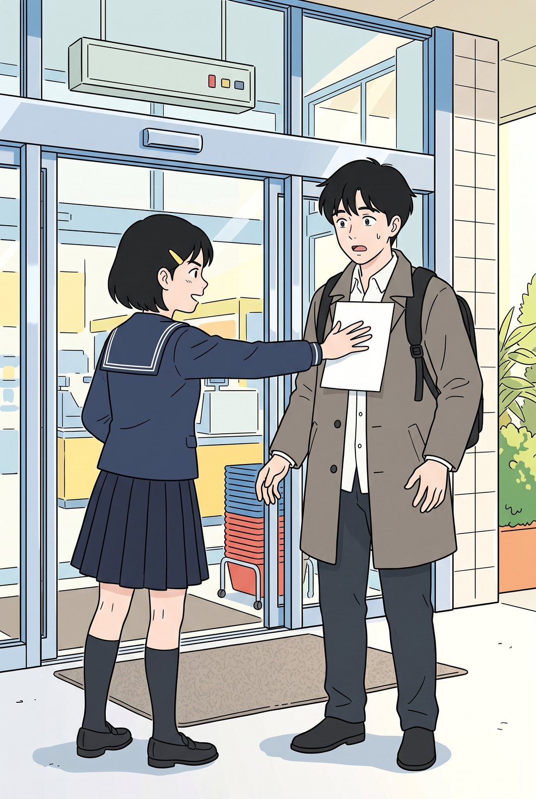 ひかりが白いコピー用紙を透の胸の前にかざすと、ドアが開く。驚く透。