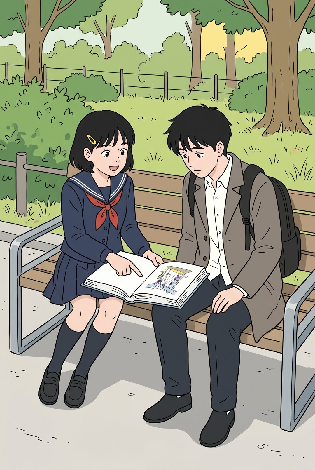 公園のベンチで、ひかりが報告書を開き、ドアのセンサーの図を指さして透に見せる。