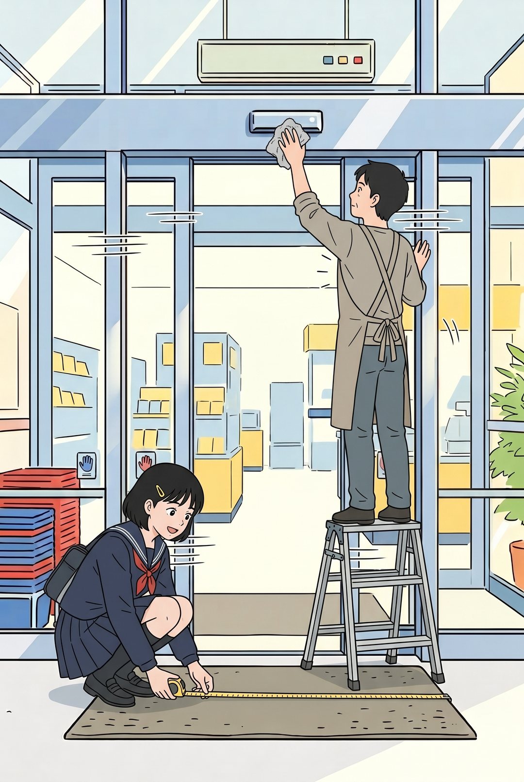 店の人が脚立に乗り、ドアの上のセンサーの窓を布で拭く。床に巻き尺を当てるひかり。