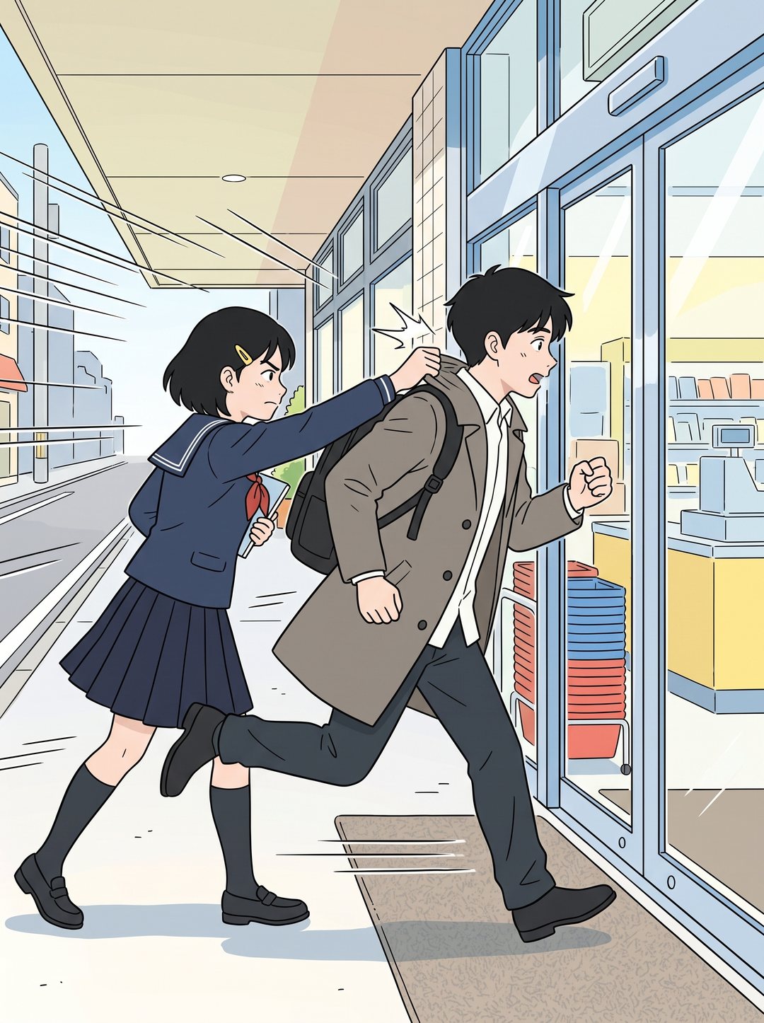 勢いをつけて駆け込もうとする透の襟を、ひかりがつかんで止める。