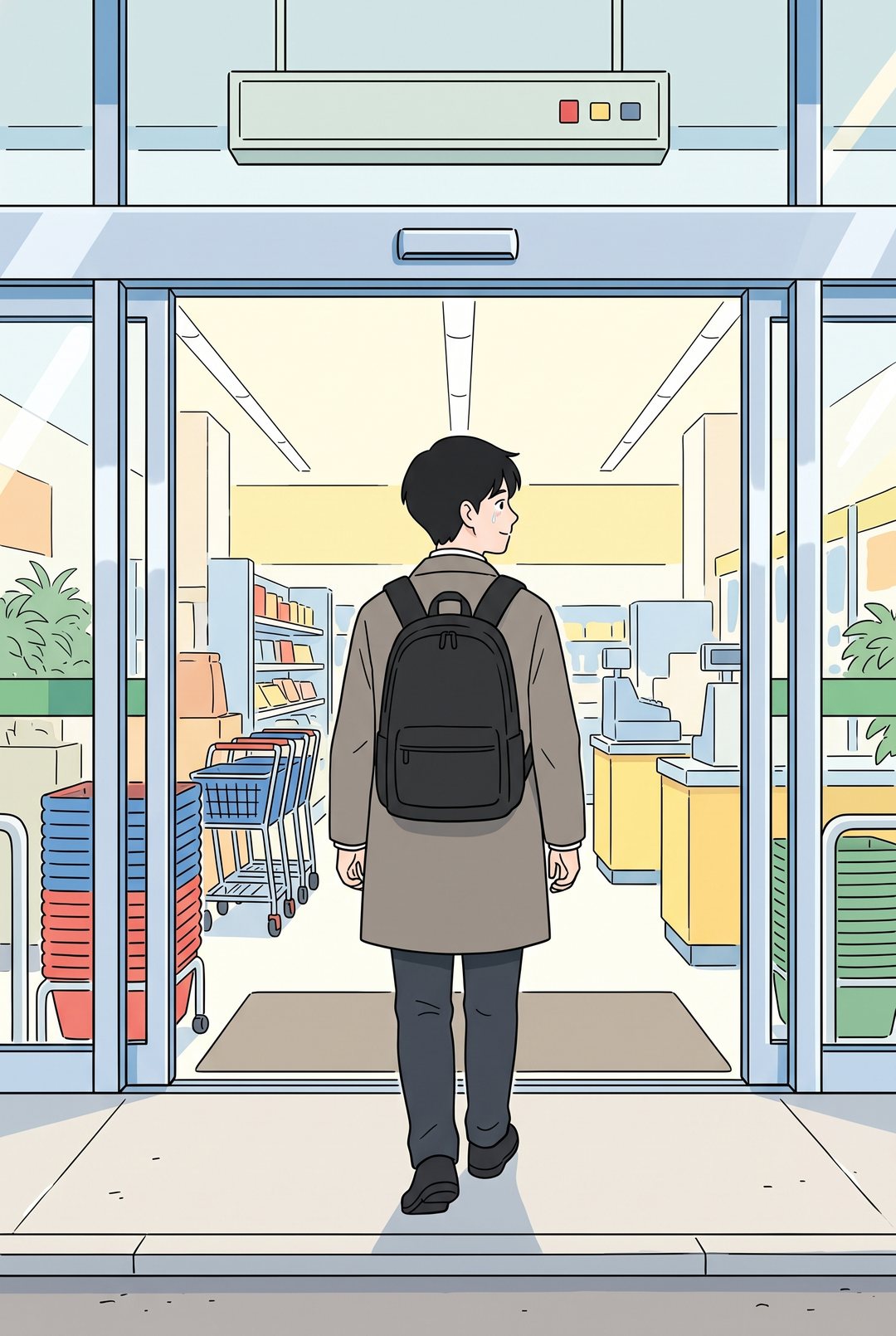 正面からまっすぐ、ゆっくり歩く影山 透の前で、ドアが普通に開く。感動する影山 透。