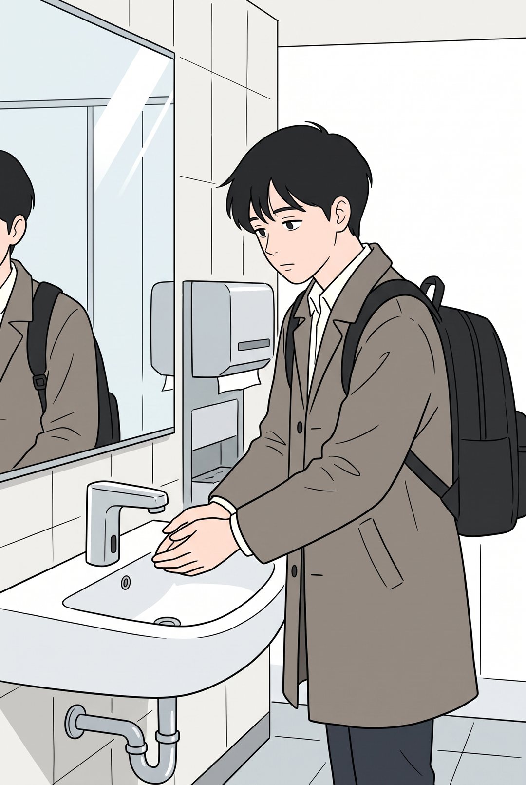 その日の午後、会社の手洗い場。自動の蛇口の下に手を出す影山 透。水は出ない。