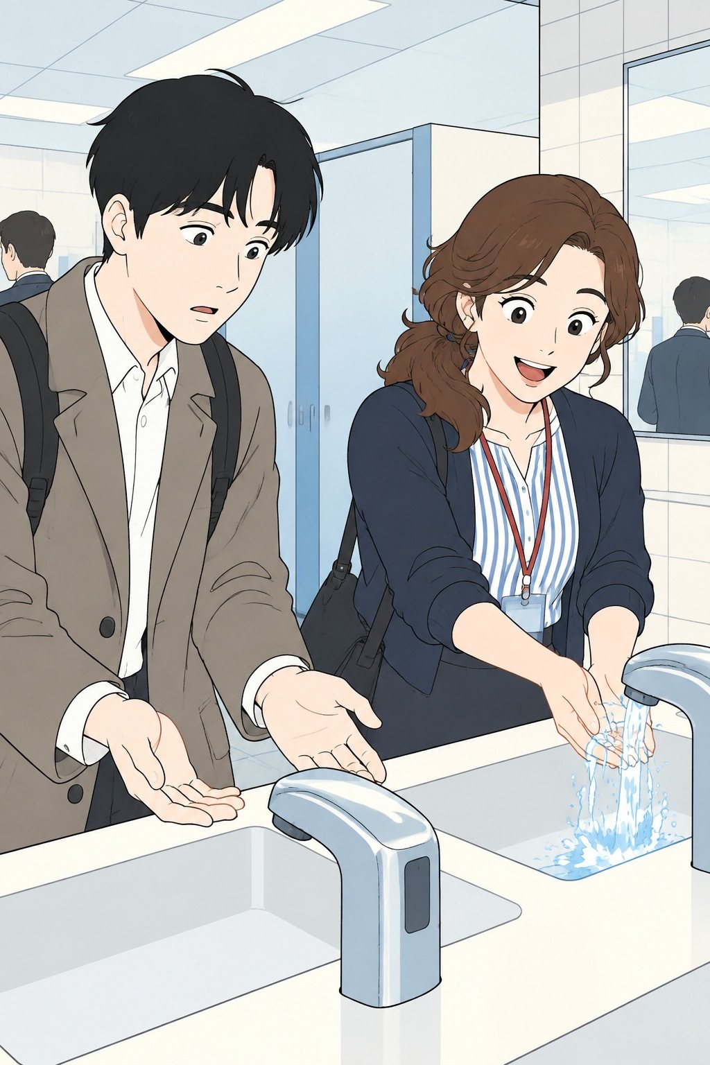 隣に立った女性の先輩が手を出すと、蛇口から水が勢いよく出る。横で手を出したまま固まる透。