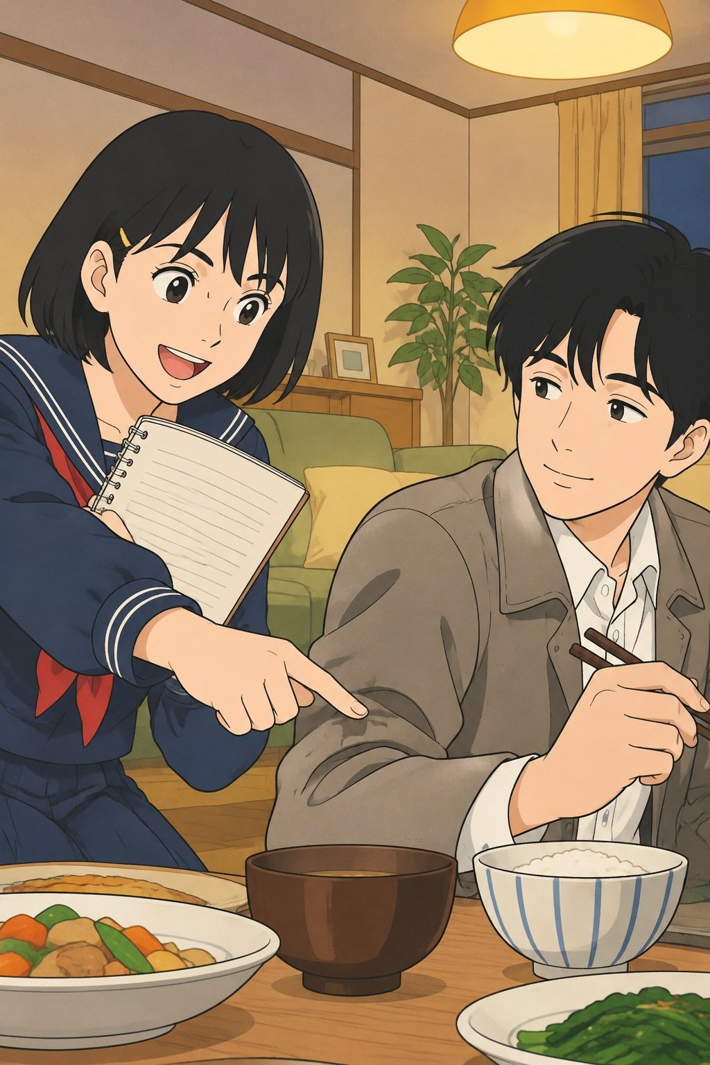 夜の家の食卓。ひかりがノートを抱え、自信満々に透の上着の袖を指さす。透は箸を持ったまま横目で見る。