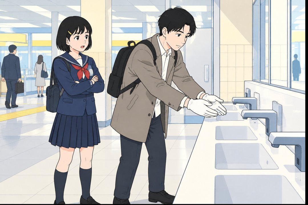 駅ビルの明るい手洗い場。白い軍手をはめた透が真剣な顔で蛇口へ両手を差し出し、横でひかりが腕を組んで見ている。