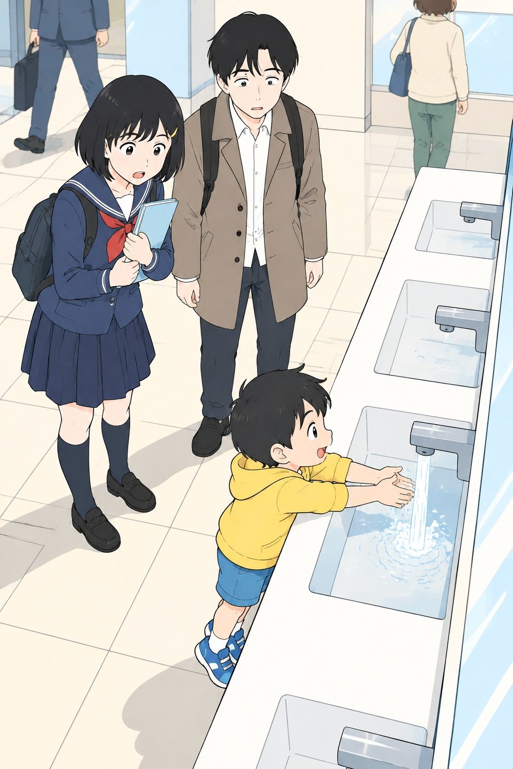 小さな男の子が背伸びして手を出すと、水が出る。透とひかりが並んで呆然と見下ろす。