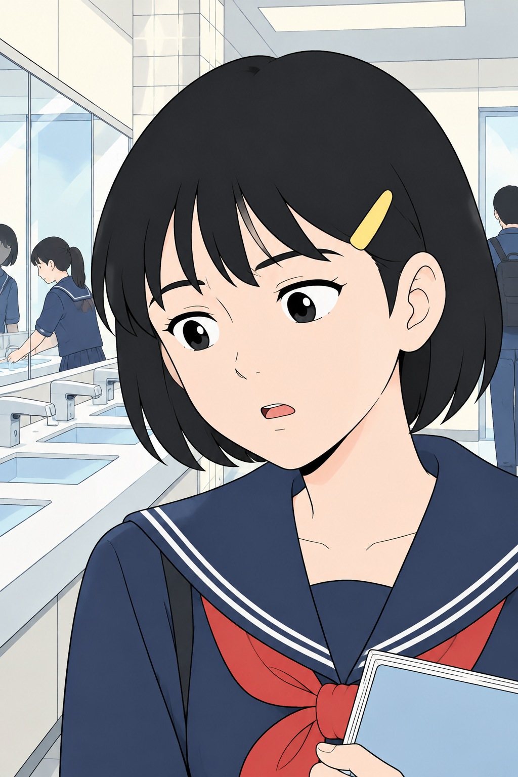 ひかりの顔の寄り。初めて見る、ぽかんとして目が泳ぐ顔。ノートを持つ手が下がる。