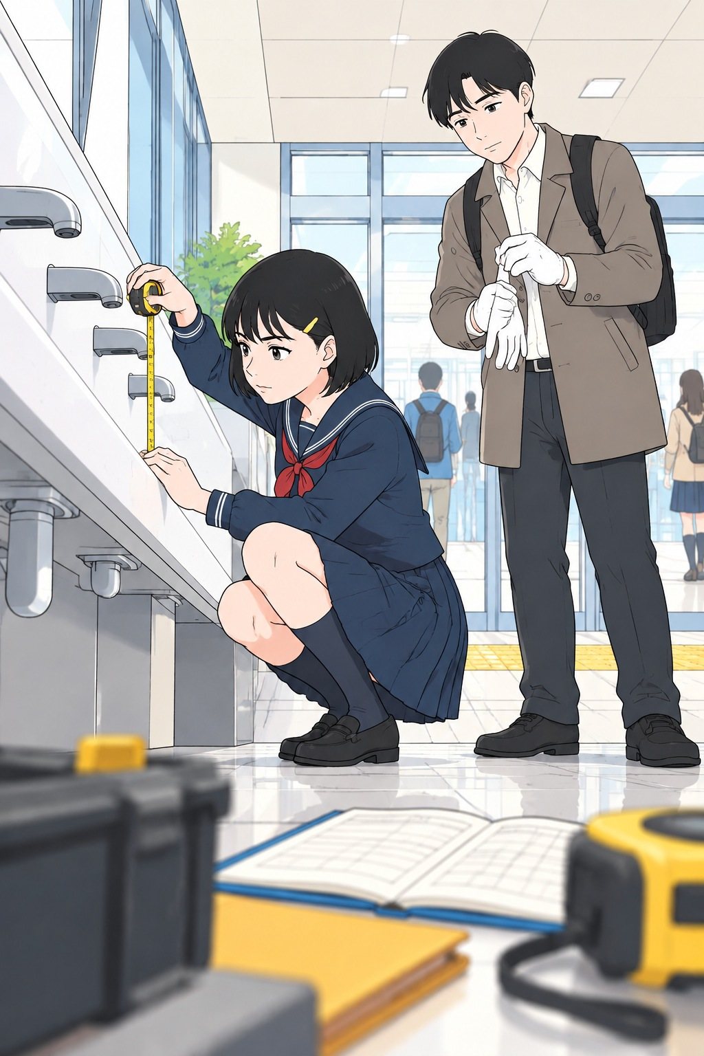 ひかりがしゃがんで巻き尺を伸ばし、蛇口の高さを測る。後ろで軍手を外す透。手前の床に開いたノートと道具箱。