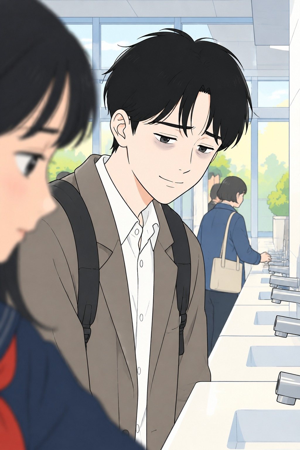 透の顔の寄り。困ったように笑う。奥の流しで人が手を洗っている。ひかりの横顔が手前にぼけて写る。