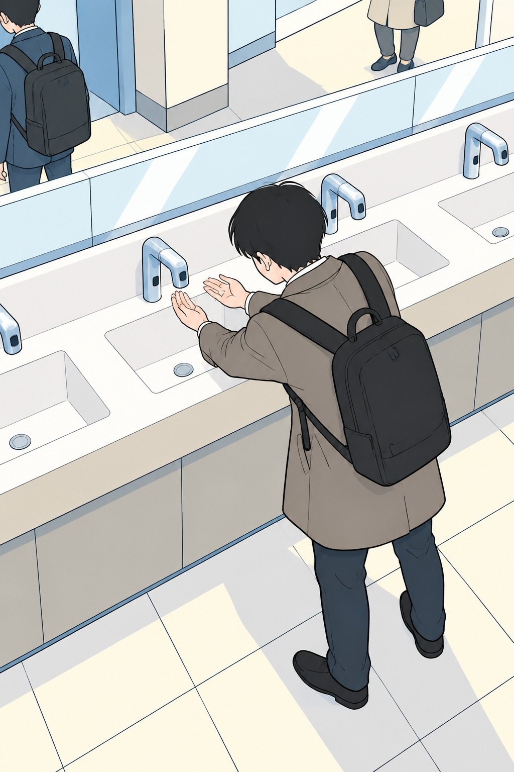 透がおそるおそる両手を奥へ伸ばす。カウンターに身を乗り出す背中。蛇口と手が近づく。
