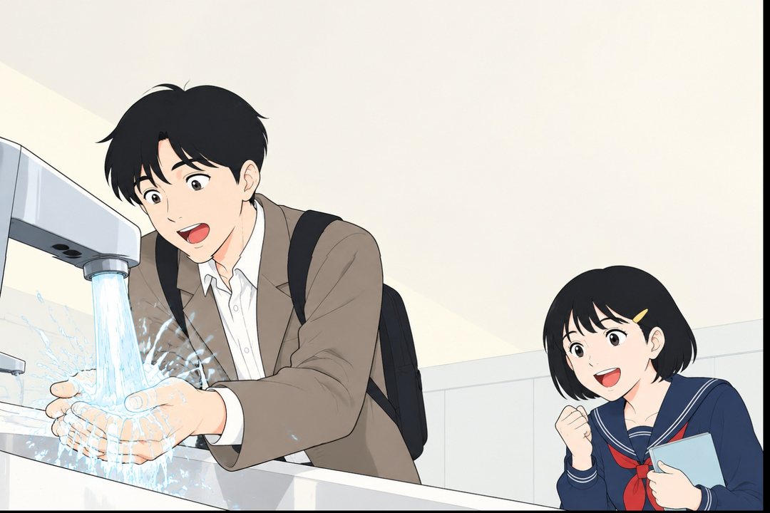 蛇口から水が勢いよく出て、透の両手に当たる大きな絵。水しぶき、見開いた透の目、横で拳を握るひかり。