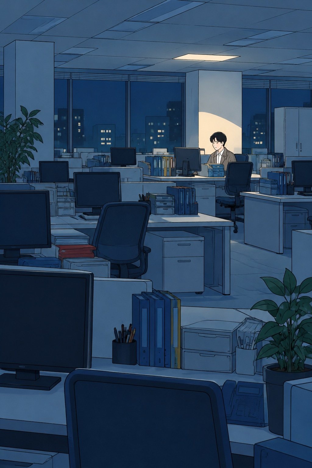 夜の広いオフィス。奥の席で、透がひとり身じろぎもせず画面を見つめている。真上の照明だけが点いている。