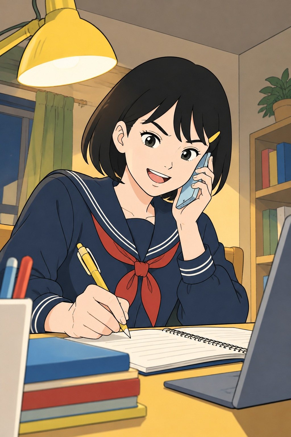 夜、ひかりの部屋の机。ひかりがスマートフォンを耳に当て、ノートに何か書きつけて目を輝かせる。