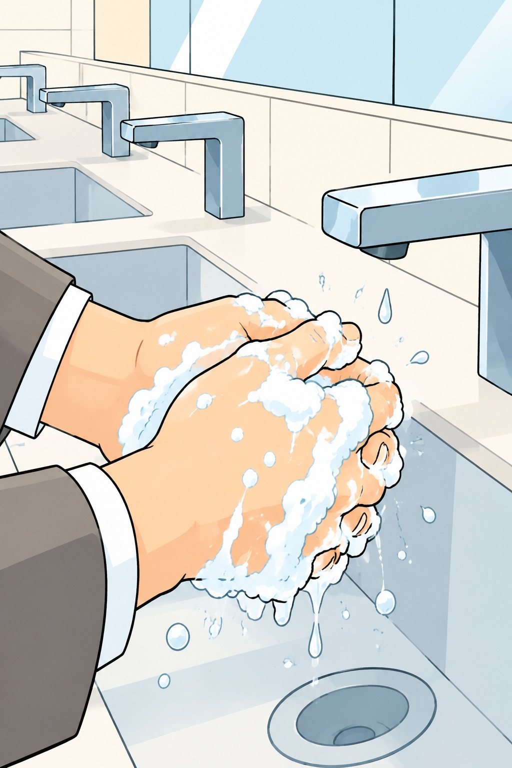 透の手の寄り。泡だらけの両手をゆっくりもみ合わせる。水の粒。