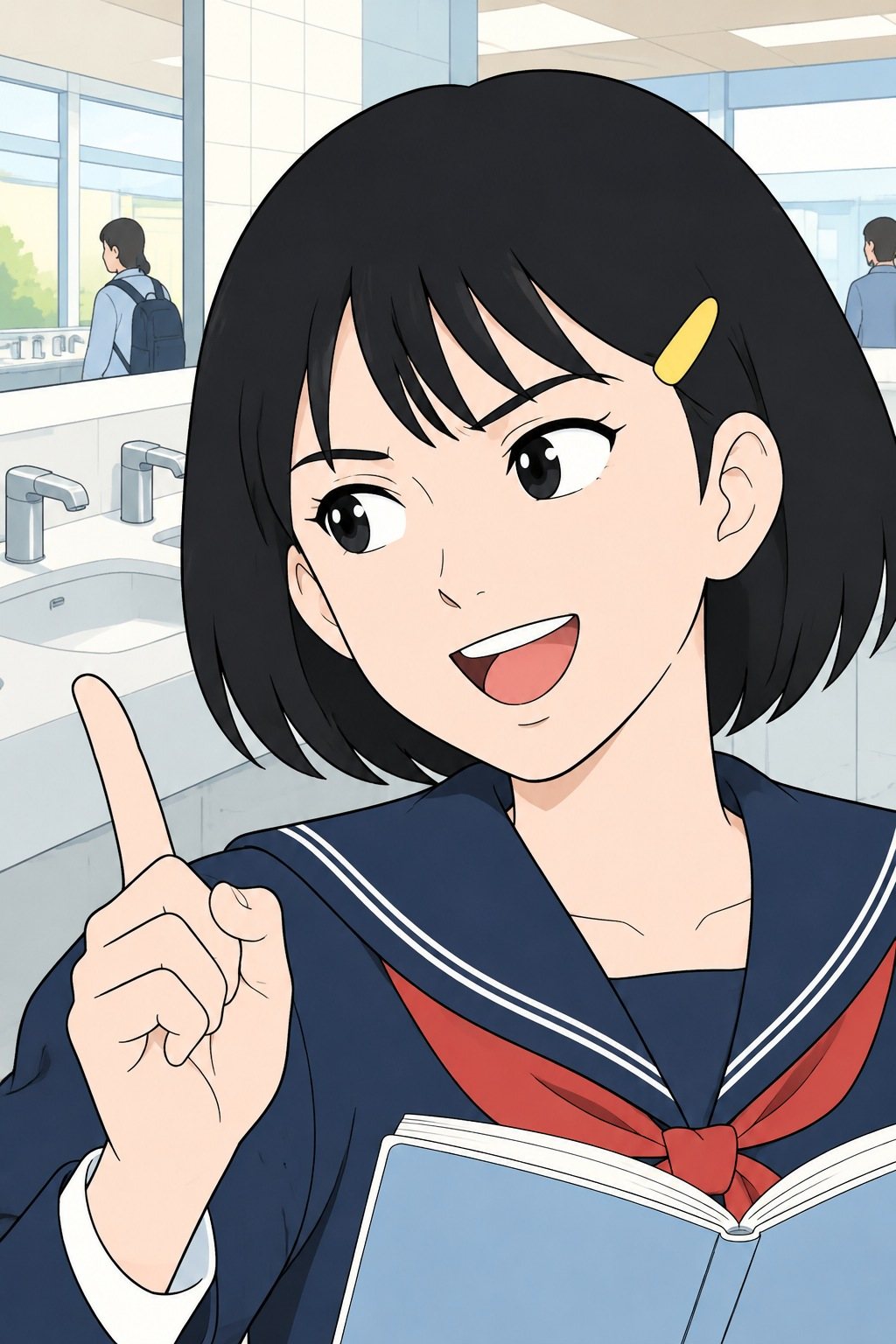 ひかりがノートを開いて指を立て、得意げに語る顔の寄り。