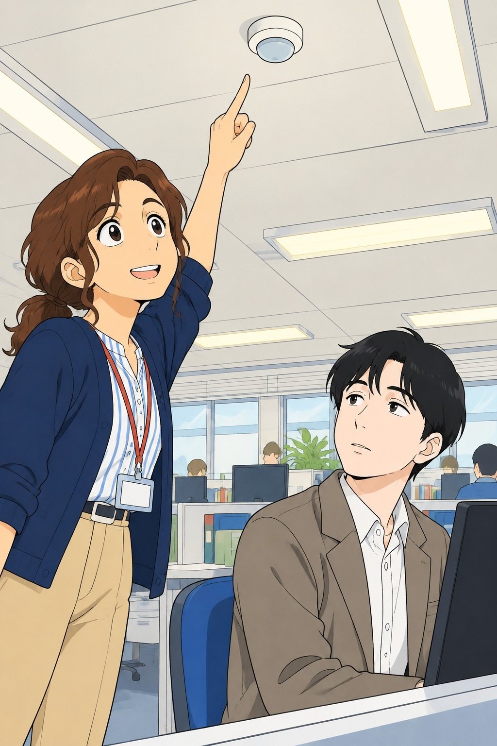 次の朝の明るいオフィス。有坂が天井の小さな丸いセンサーを指さして笑う。透は椅子に座ったまま見上げる。奥で社員たちが働く。
