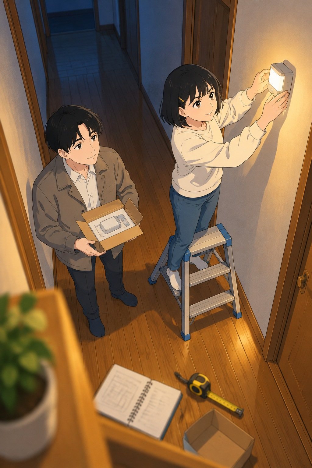 家の廊下。ひかりが脚立に乗って、人感センサー付きの小さなライトを壁に付けている。横で透がライトの箱を持つ。ノートと巻き尺が床に。
